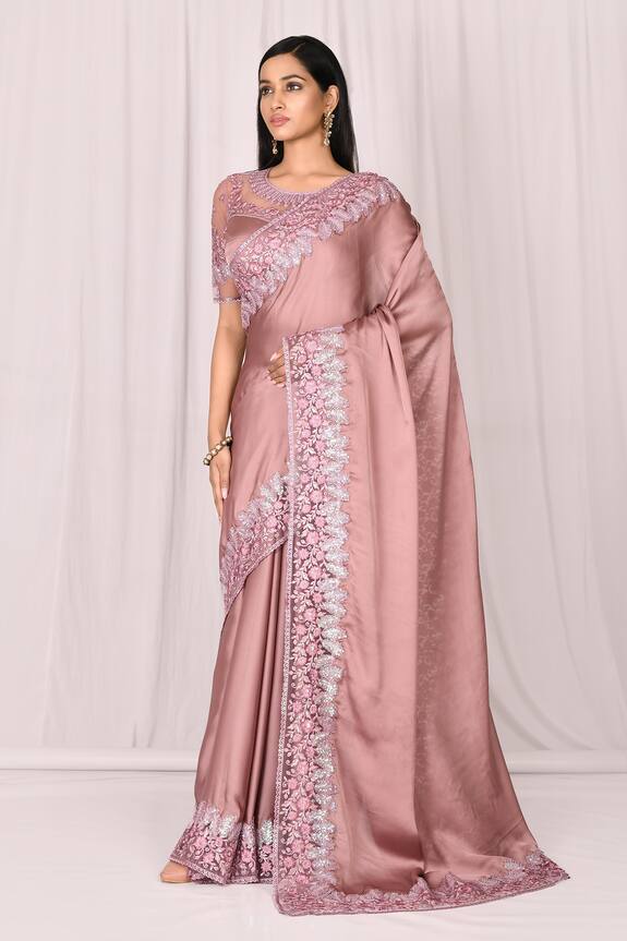 Samyukta Singhania Pink Silk Embroidered Lace Saree Set 1
