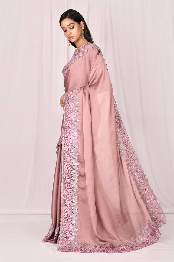 Samyukta Singhania Pink Silk Embroidered Lace Saree Set 3