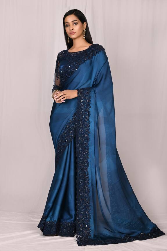 Samyukta Singhania Blue Silk Embroidered Lace Saree Set 1