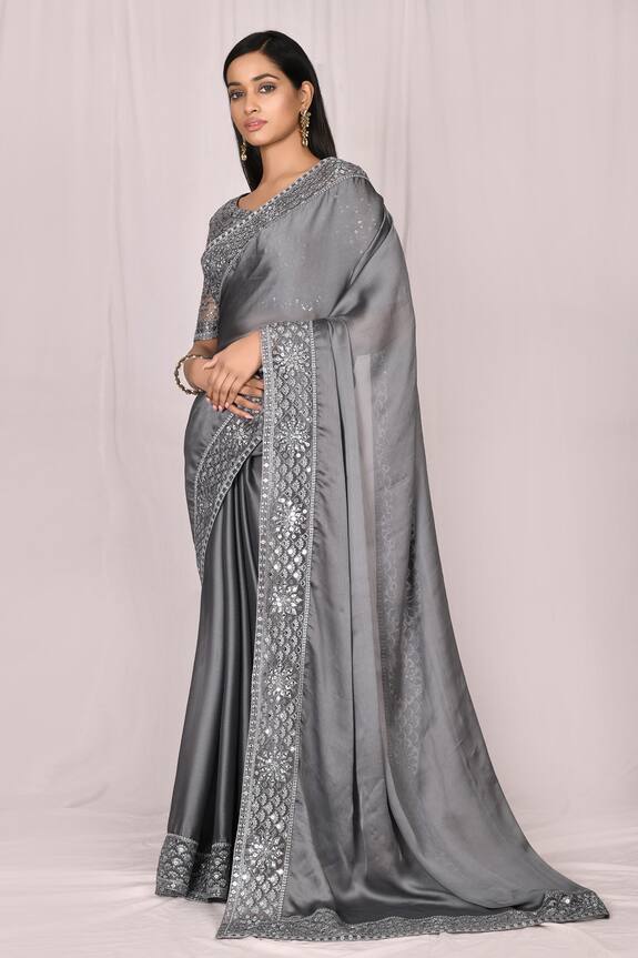 Samyukta Singhania Grey Silk Embroidered Lace Saree Set 1