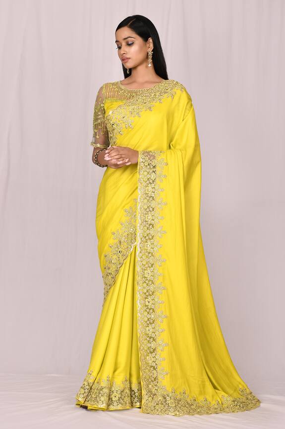 Samyukta Singhania Yellow Silk Embroidered Lace Saree Set 1