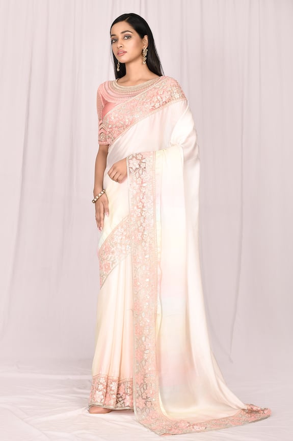Samyukta Singhania Peach Silk Embroidered Lace Saree Set 1