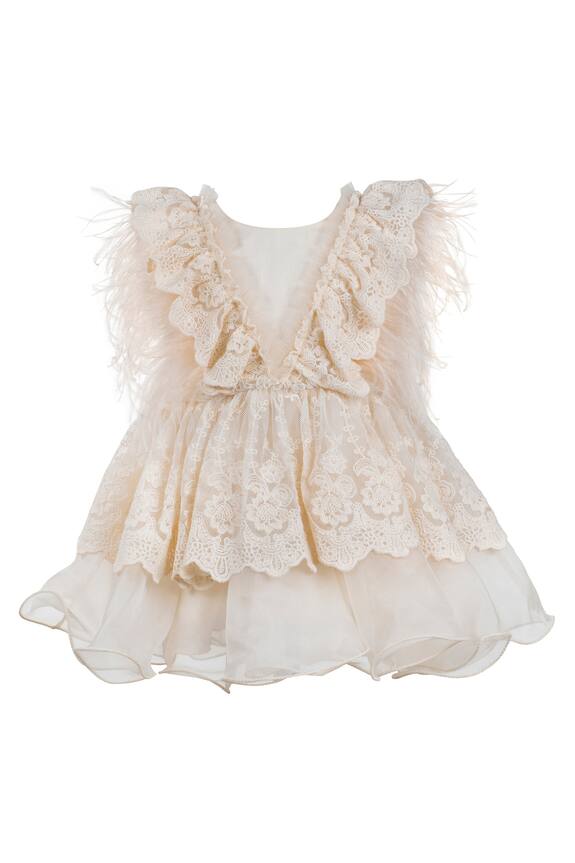 Jasmine And Alaia Peach Organza Lace Dress For Girls 0