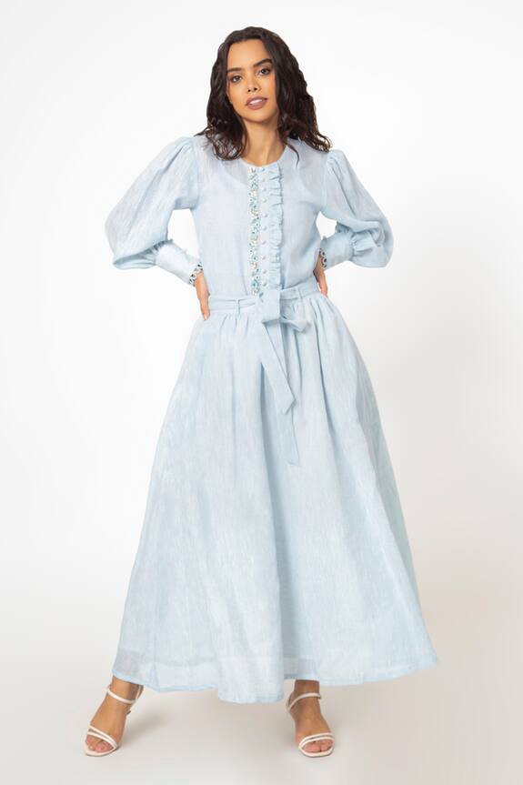 House of THL Blue Camille Linen A-line Skirt And Blouse 0