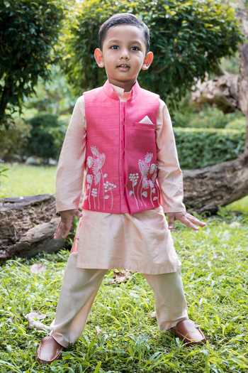 Boy Fancy Zari Embroidered Bundi Set-Teal Blue main image 1