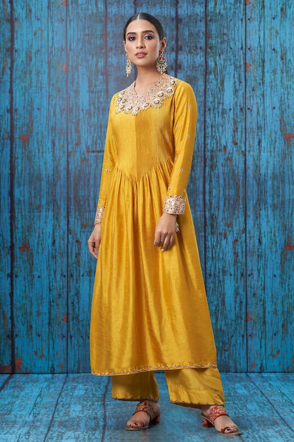 Buy Niti Bothra Yellow Silk Embroidered Anarkali And Palazzo Set Online ...