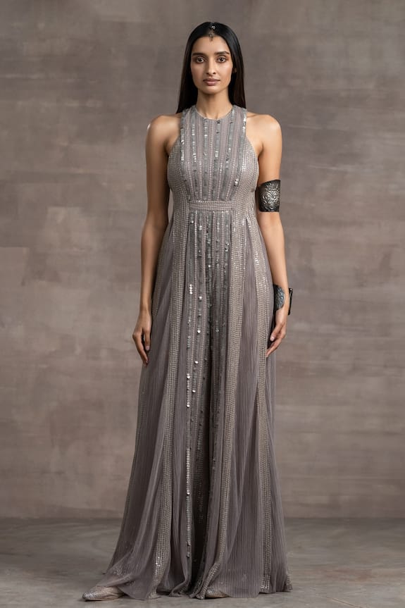 Buy Tarun Tahiliani Grey Crinkle Tulle Sequin Embroidered Jumpsuit ...