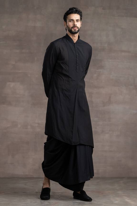 Tarun Tahiliani Black Sushi Voile Asymmetric Kurta And Dhoti Pant Set 0