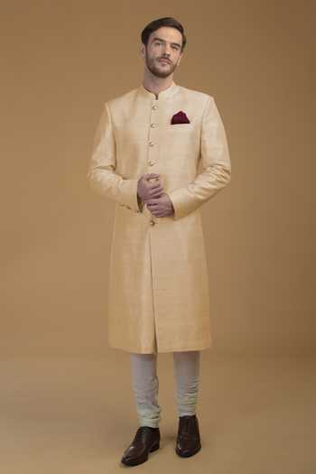 Dark Beige High Collar Silk Sherwani Set main image 0
