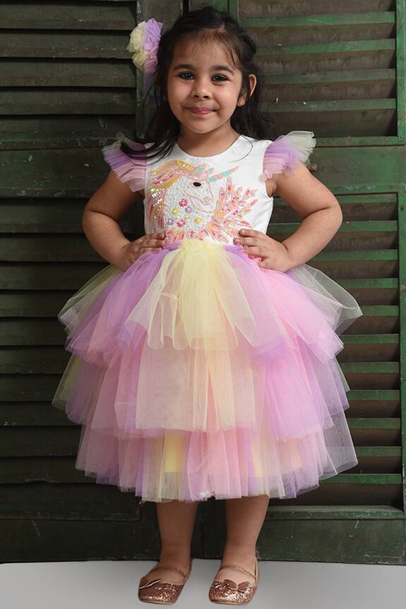 Lil Angels Multi Color Embellished Dress For Girls 0
