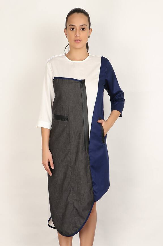 I am Trouble by KC Blue Cotton Colorblock Asymmetric Dress 0