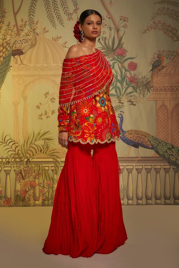 Buy Aayushi Maniar Red Crepe Silk Phulvaari Printed Tunic And Gharara ...