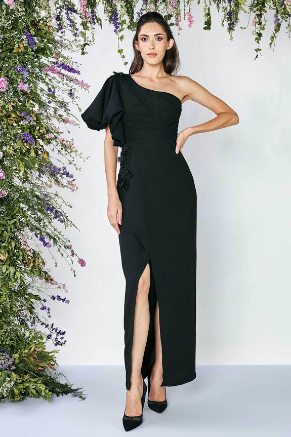 Shivani Awasty Black Poly Blend Crepe Embroidered One-shoulder Gown 3