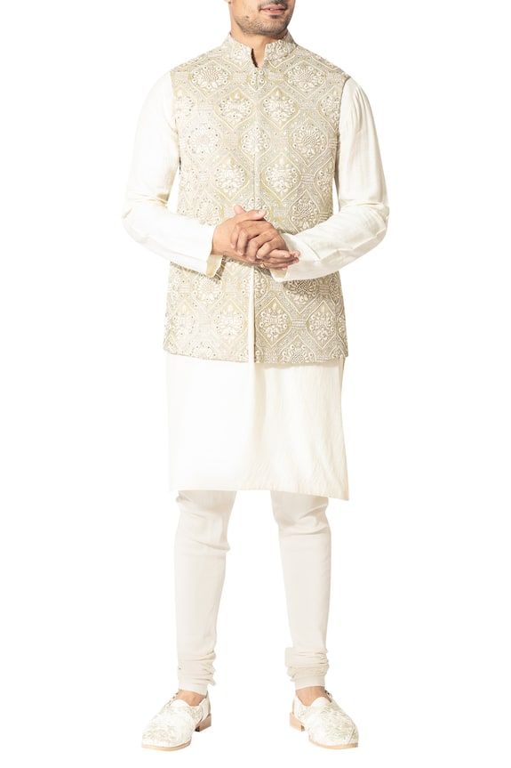 Varun Bahl Beige Raw Silk Embroidered Nehru Jacket Set 0