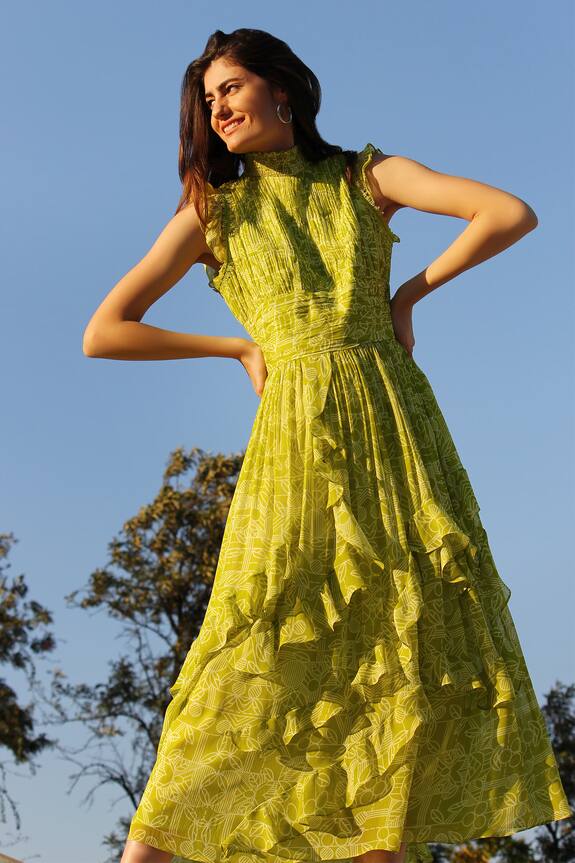 Varun Bahl Green Georgette Ruffle Printed Dress 1