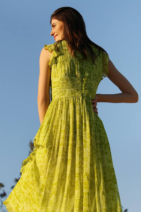 Varun Bahl Green Georgette Ruffle Printed Dress 2