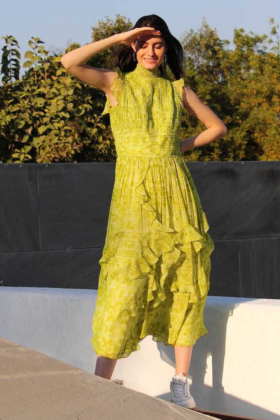 Varun Bahl Green Georgette Ruffle Printed Dress 3