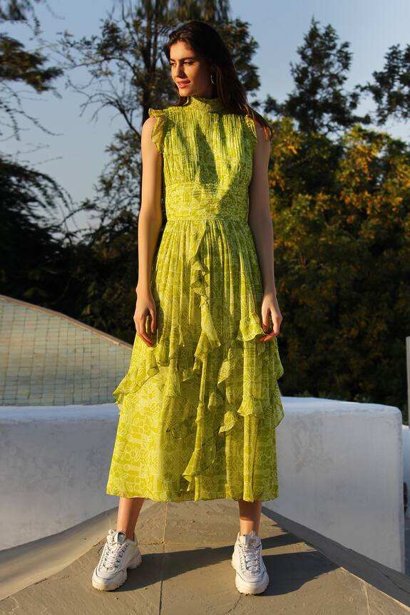 Varun Bahl Green Georgette Ruffle Printed Dress 4