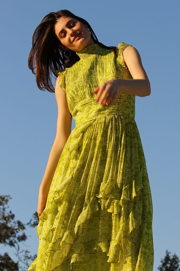Varun Bahl Green Georgette Ruffle Printed Dress 5
