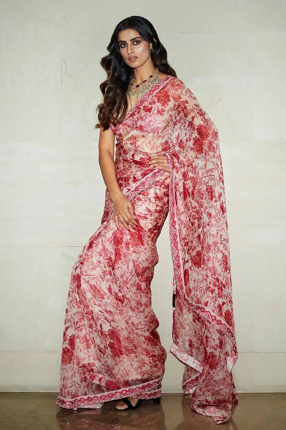 Varun Bahl Pink Organza Printed Saree With Blouse 3