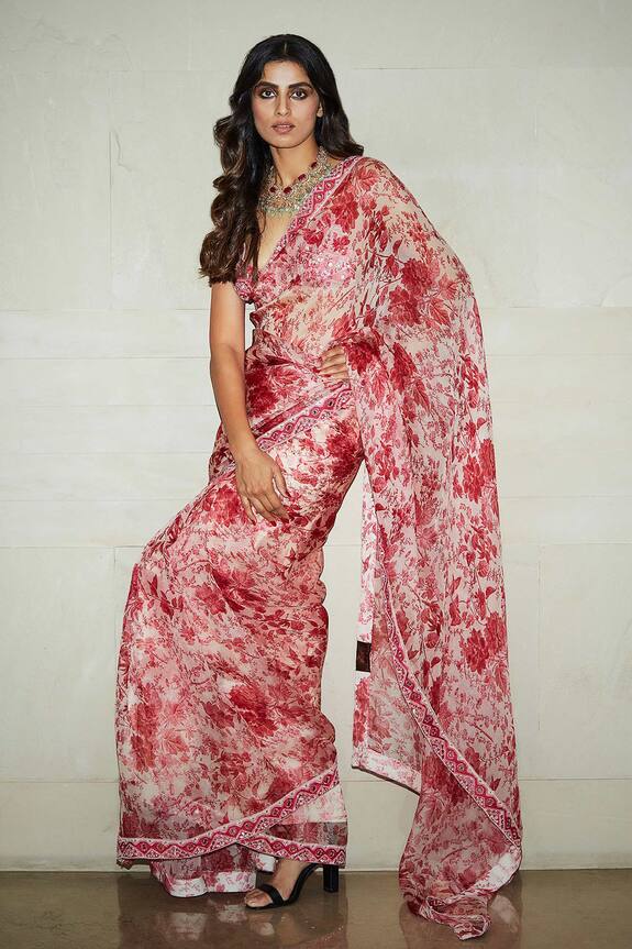 Varun Bahl Pink Organza Printed Saree With Blouse 4