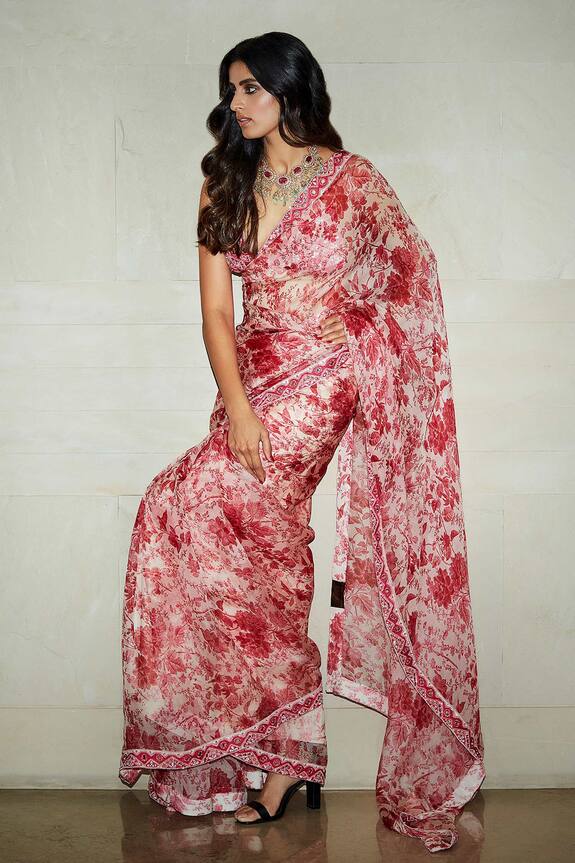 Varun Bahl Pink Organza Printed Saree With Blouse 5