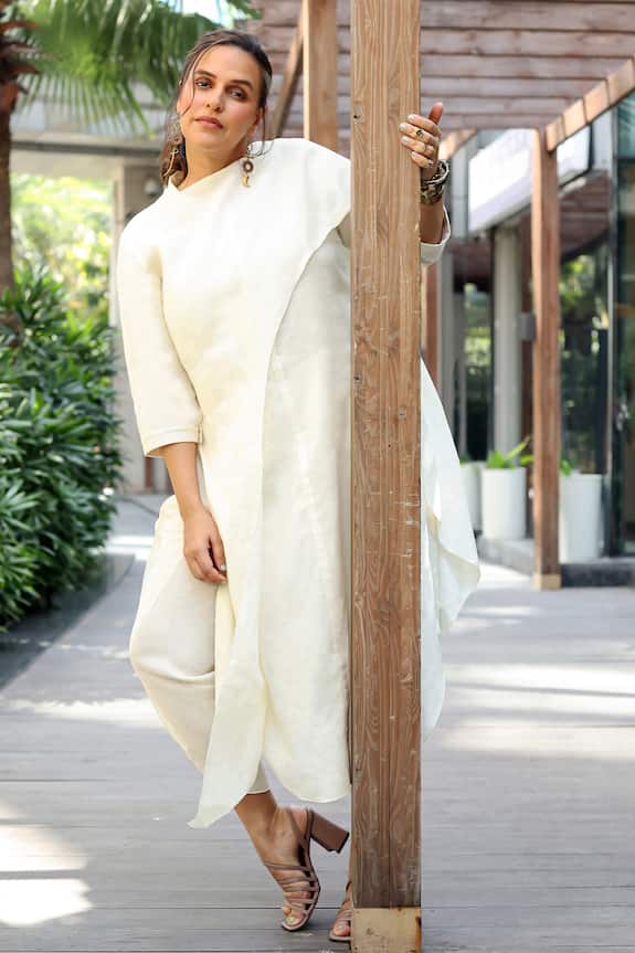 Buy_AMPM_White Linen Draped Kurta And Dhoti Pant Set_at_Aza_Fashions