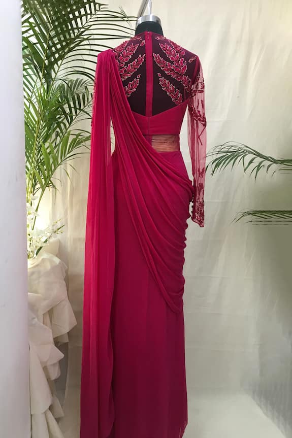 Vivek Patel Pink Viscose Georgette Embroidered Saree Gown 2