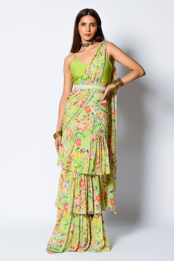 Rishi & Vibhuti Green Crepe Floral Print Pre-draped Saree With Blouse 1