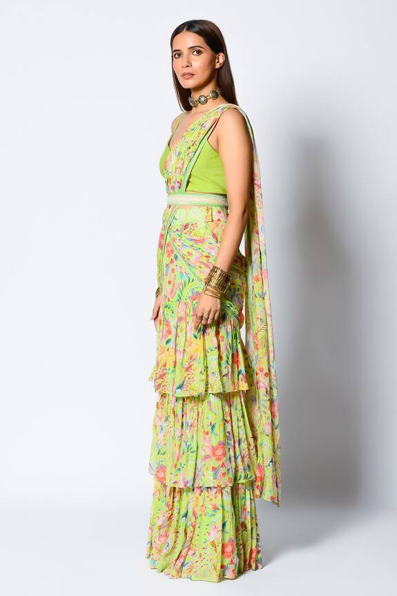 Rishi & Vibhuti Green Crepe Floral Print Pre-draped Saree With Blouse 3