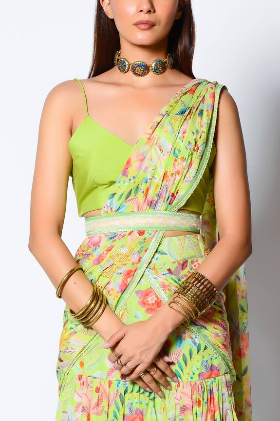 Rishi & Vibhuti Green Crepe Floral Print Pre-draped Saree With Blouse 4
