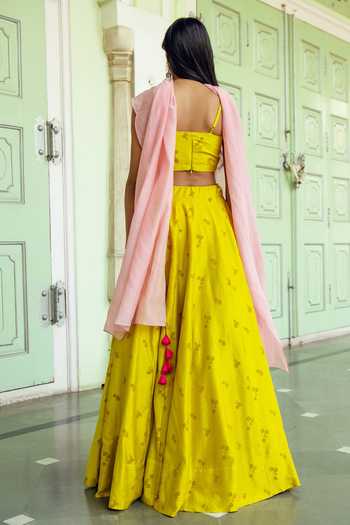 Woven Chanderi With Double Layered Blouse Yellow Lehenga Set main image 0