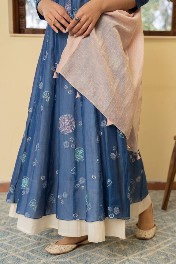 Buy Vaayu Blue Muslin Cotton Kantha Embroidered Anarkali With Dupatta ...