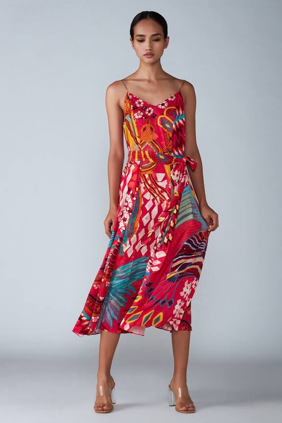 Saaksha & Kinni Pink Satin Abstract Bird Print Summer Dress 1