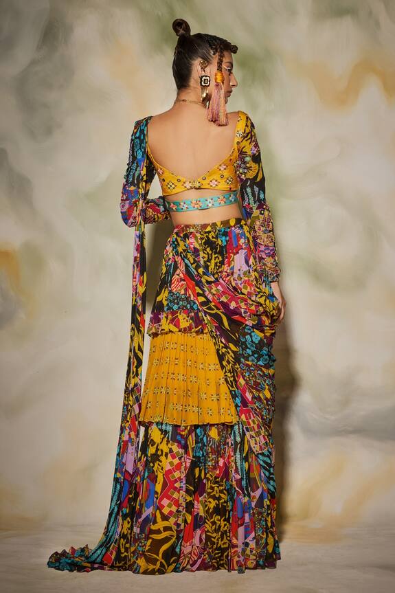 DiyaRajvvir Multi Color Modal Aztec Print Layered Skirt Saree Set 2