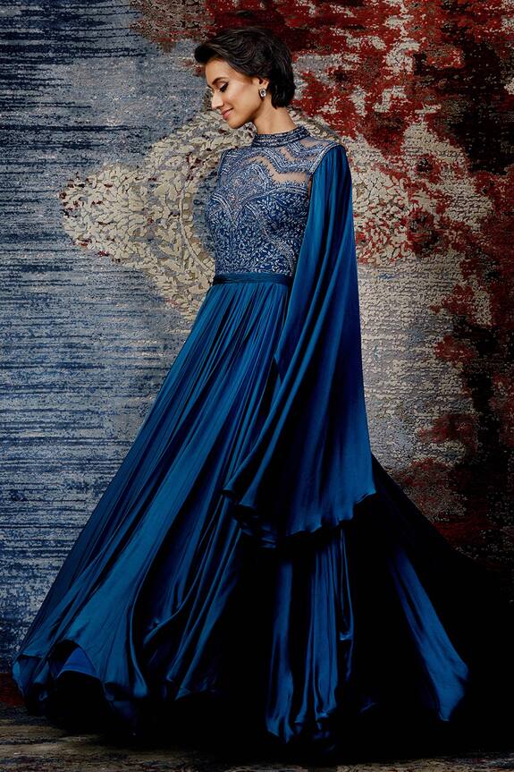 Shantnu Nikhil Blue Satin Embroidered Gown 0