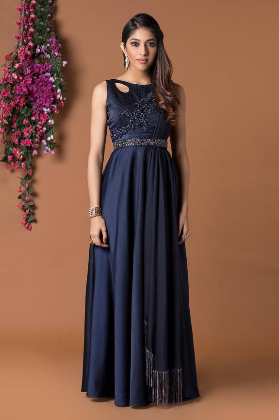 Mehak Murpana Blue Milano Satin Embellished Draped Gown 2