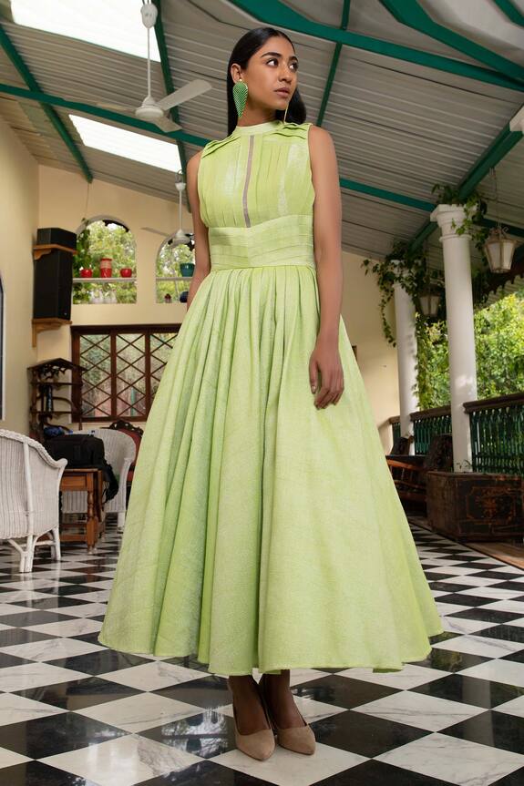 Saksham Neharicka Green Cotton Zari Pleated Dress 1