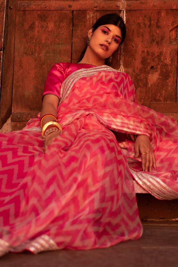 Ruar India Pink Silk Organza Leheriya Saree With Blouse 1