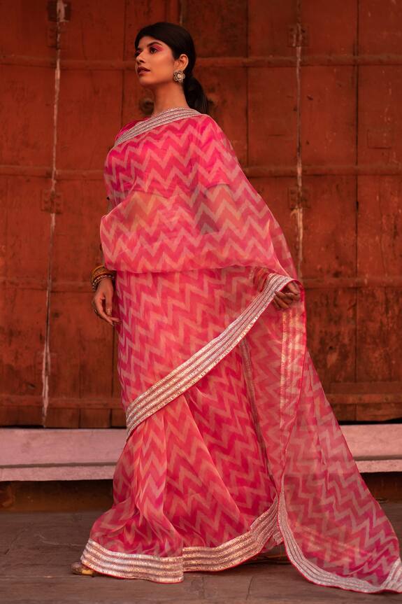 Ruar India Pink Silk Organza Leheriya Saree With Blouse 2