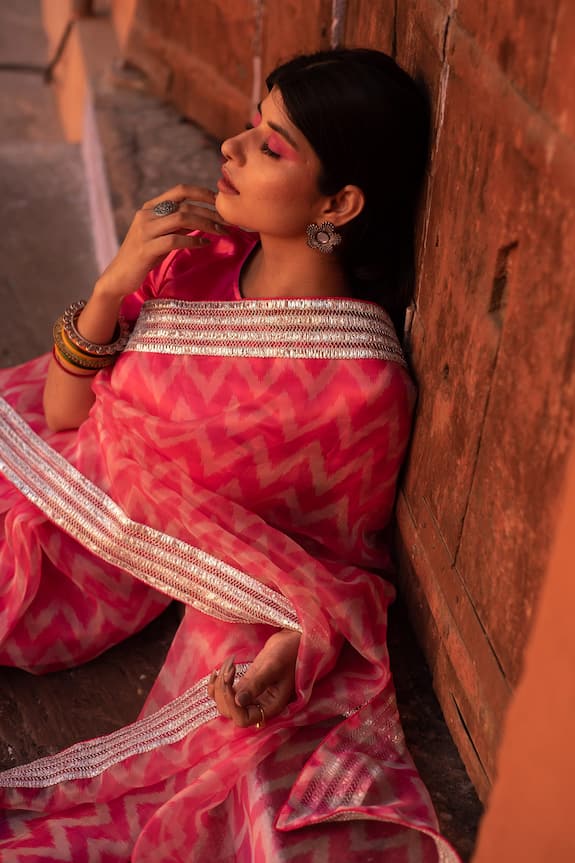 Ruar India Pink Silk Organza Leheriya Saree With Blouse 4