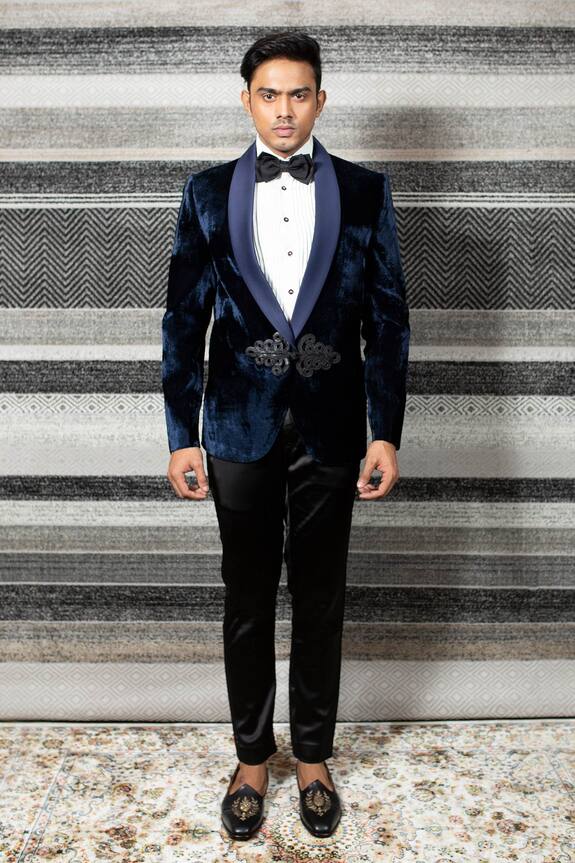 YAJY by Aditya Jain Blue Italian Suiting Silk Velvet Tuxedo Set 1