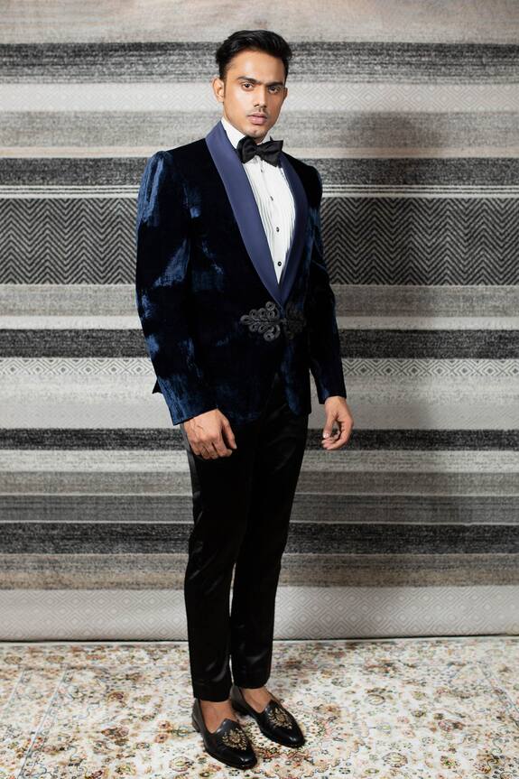 YAJY by Aditya Jain Blue Italian Suiting Silk Velvet Tuxedo Set 2