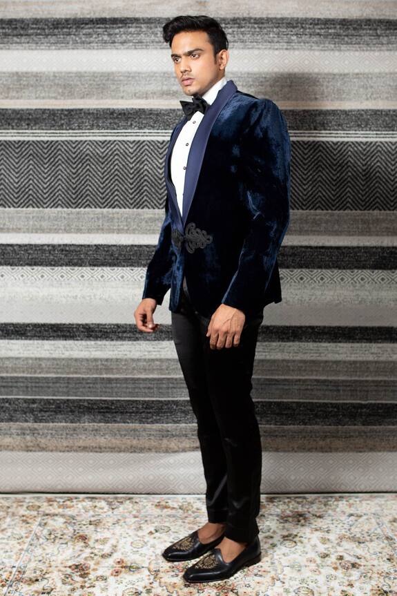 YAJY by Aditya Jain Blue Italian Suiting Silk Velvet Tuxedo Set 3