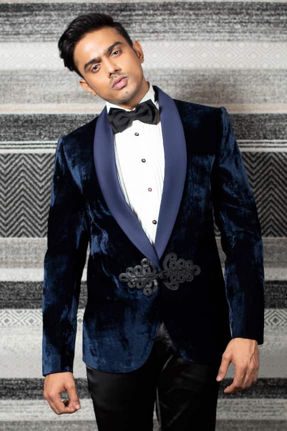 YAJY by Aditya Jain Blue Italian Suiting Silk Velvet Tuxedo Set 4
