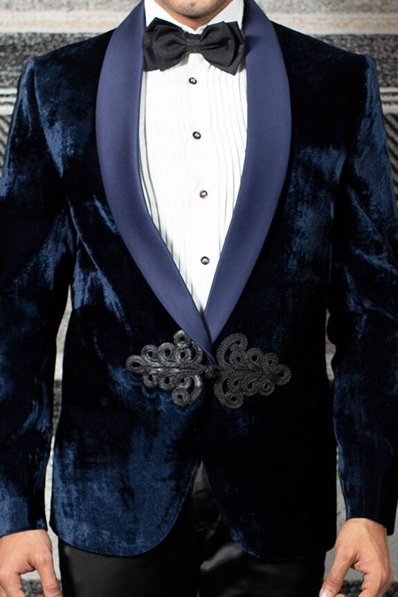 YAJY by Aditya Jain Blue Italian Suiting Silk Velvet Tuxedo Set 5