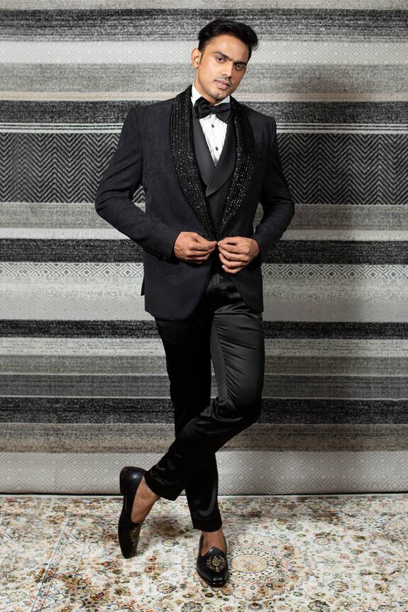 YAJY by Aditya Jain Black Italian Suiting Embroidered Lapel Tuxedo Set 1