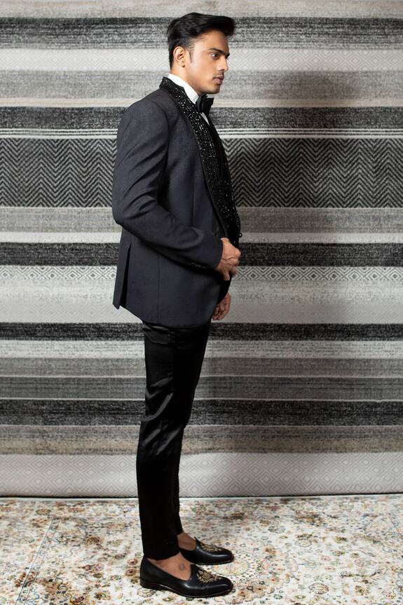 YAJY by Aditya Jain Black Italian Suiting Embroidered Lapel Tuxedo Set 3