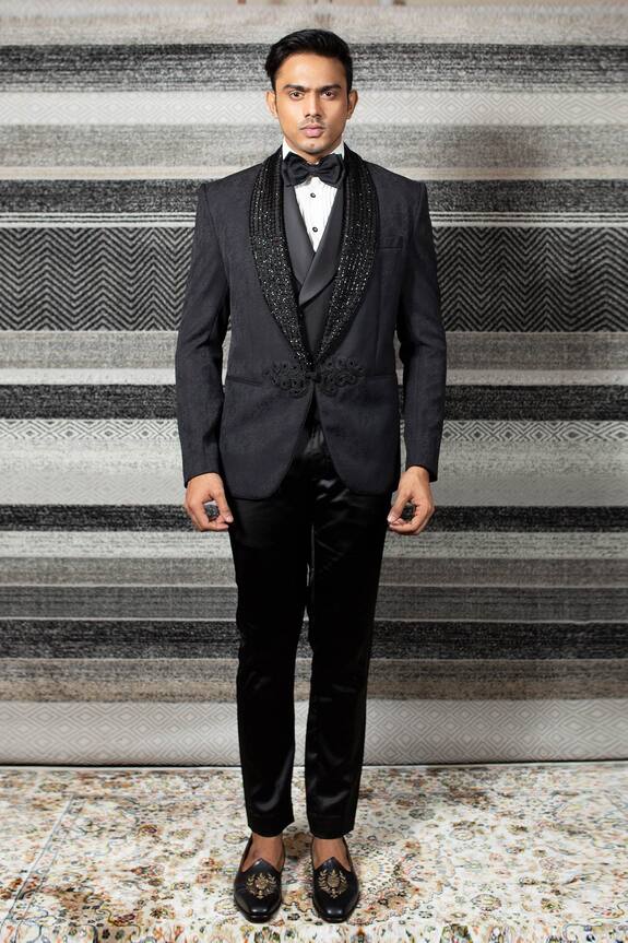 YAJY by Aditya Jain Black Italian Suiting Embroidered Lapel Tuxedo Set 4