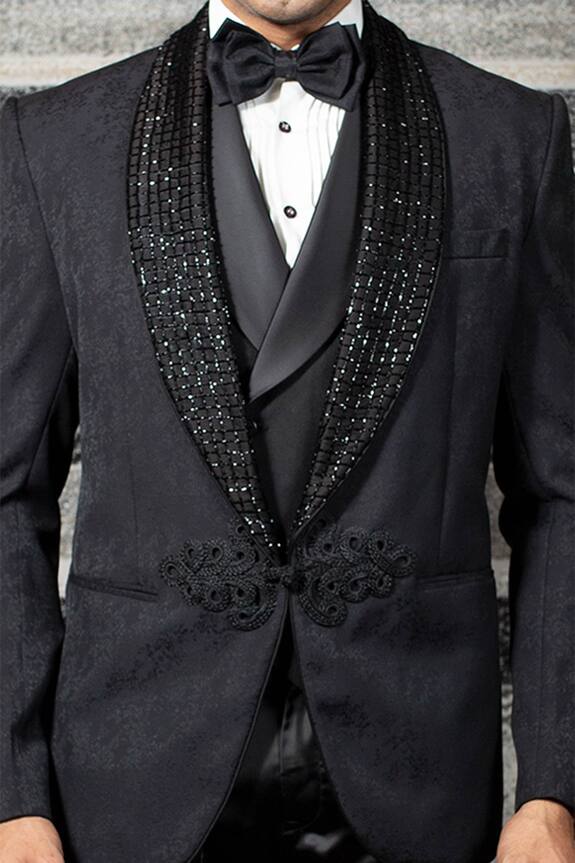 YAJY by Aditya Jain Black Italian Suiting Embroidered Lapel Tuxedo Set 5